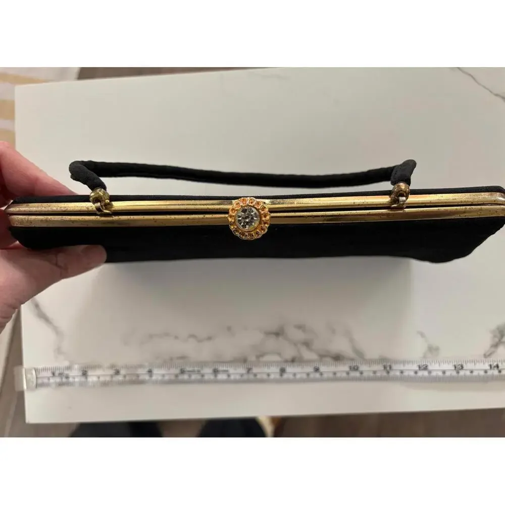 Vintage Evening Bag Clutch Gold Rhinestone Black Satin